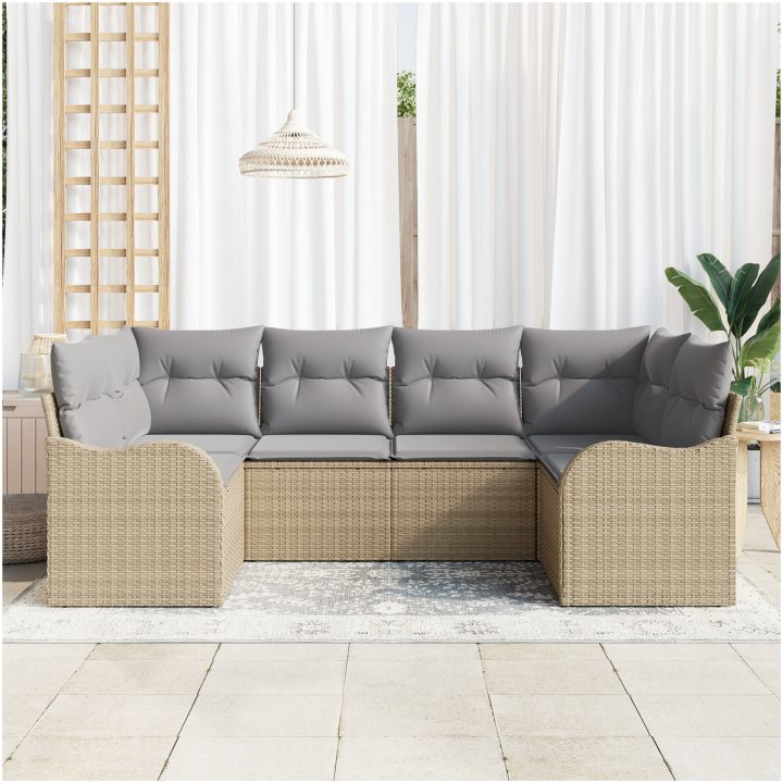 6-delad trädgårdsoffset med kuddar beige poly rotting vidaXL Stor – bild 3