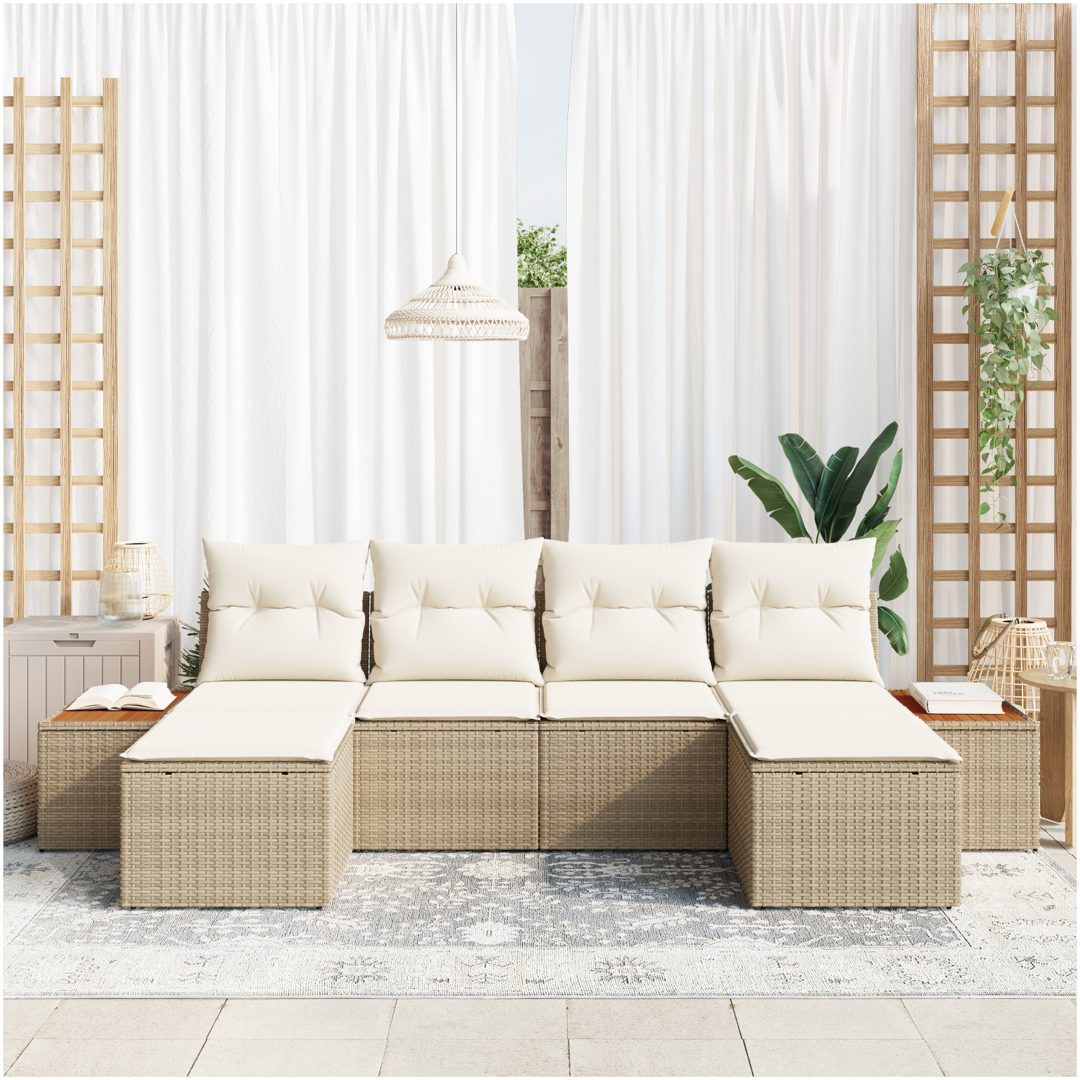 6-delad Trädgårdsoffset med kuddar Beige Polyrotting Acacia vidaXL 294 x 117 x 69 cm – bild 3