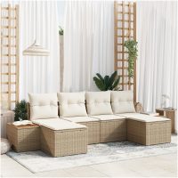 6-delad Trädgårdsoffset med kuddar Beige Polyrotting Acacia vidaXL