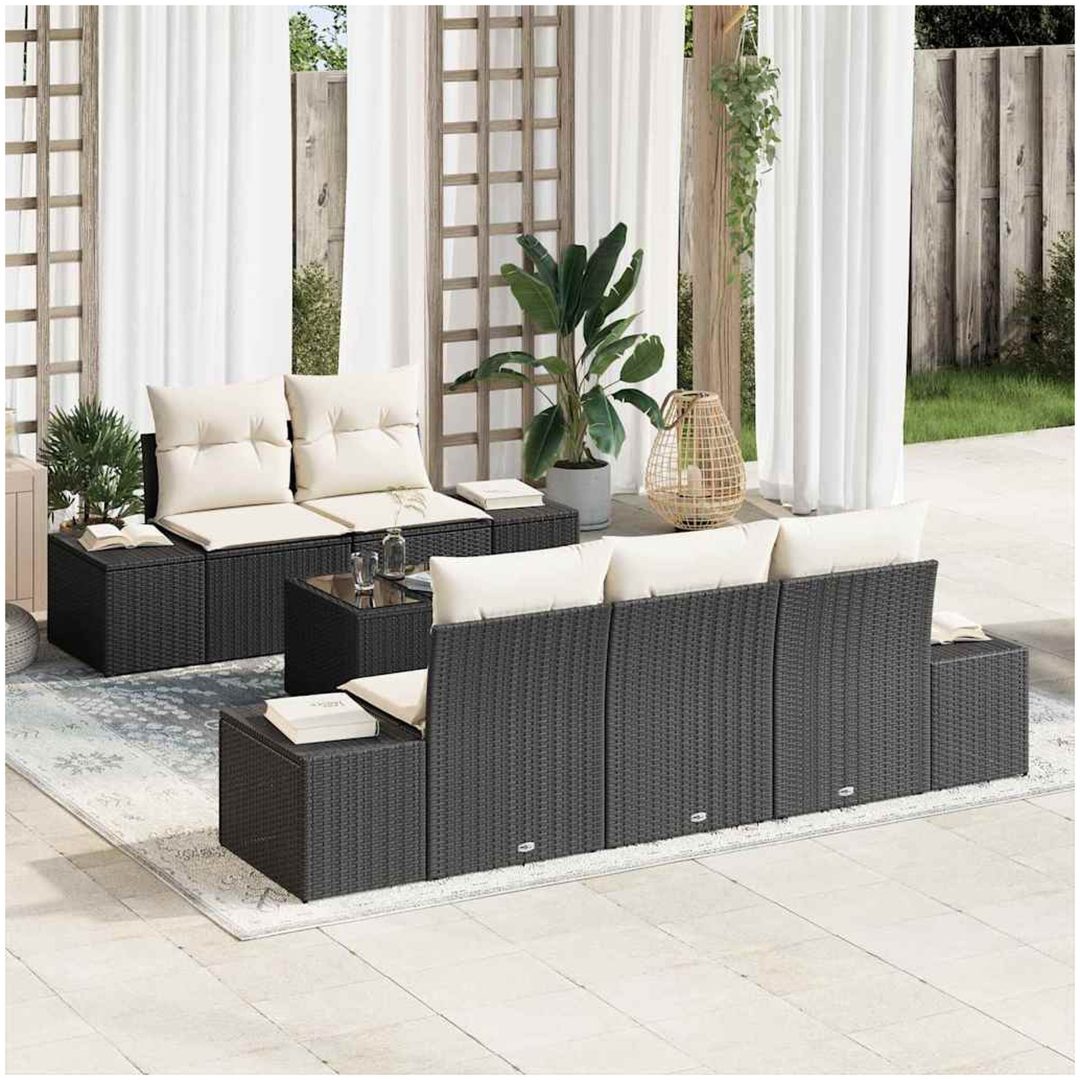 6-delad Trädgårdsoffset med kuddar Svart Poly Rattan vidaXL 55 x 55 x 37 cm