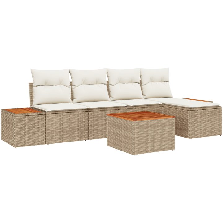 6-delad trädgårdsoffuppsättning med kuddar Beige Poly Rattan Akacia vidaXL 55 x 55 x 37 cm – bild 2