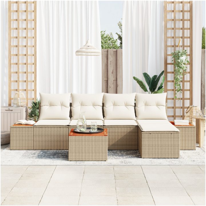 6-delad trädgårdsoffuppsättning med kuddar Beige Poly Rattan Akacia vidaXL 55 x 55 x 37 cm – bild 3