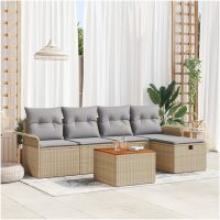 6-delad trädgårdsoffuppsättning med kuddar Beige Poly Rattan vidaXL