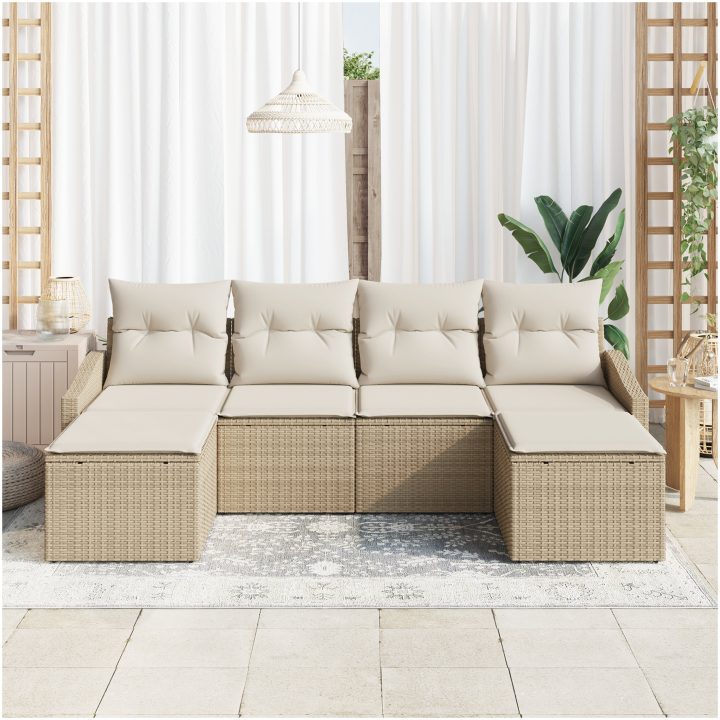 6-delad trädgårdsoffuppsättning med kuddar Beige Polyrotting vidaXL 233 x 117 x 85 cm – bild 3