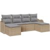 6-delad trädgårdssofa set med kuddar beige poly rotting vidaXL Stor – miniatyr 2