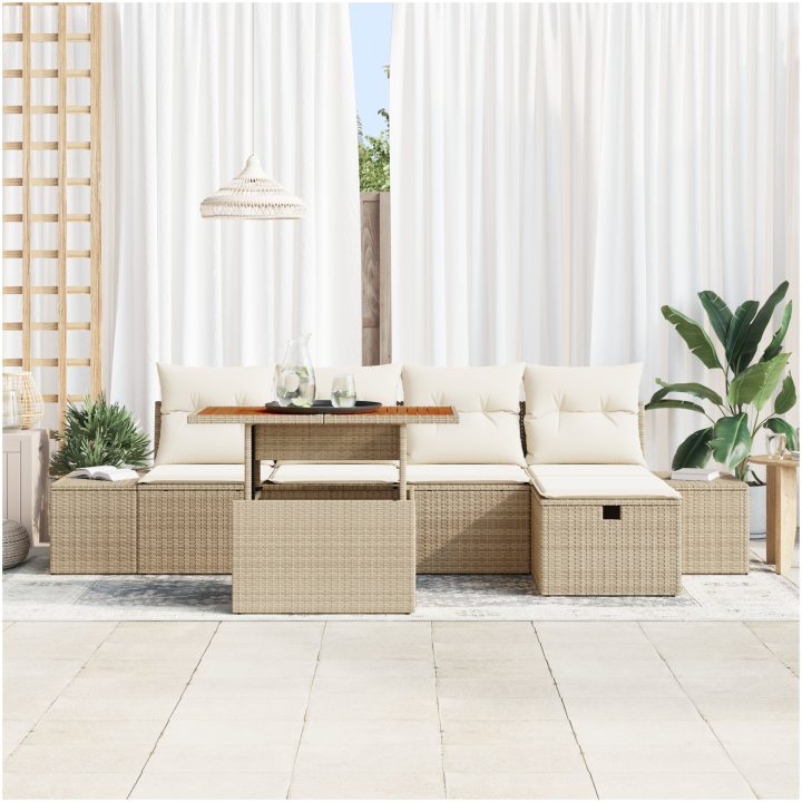 6-delad trädgårdssoffa med kuddar beige poly-rotting vidaXL 55 x 55 x 37 cm – bild 3