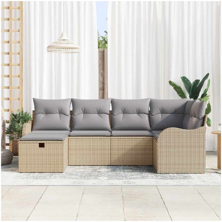6-delad trädgårdssoffa set med kuddar beige poly rotting vidaXL Stor – bild 3