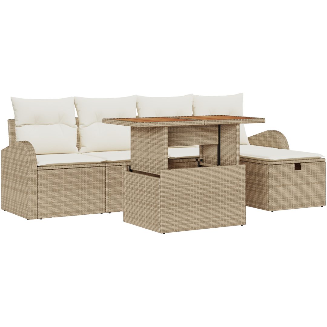 6-delad Trädgårdssoffgrupp med kuddar Beige Poly Rottning vidaXL 55 x 55 x 37 cm – bild 2