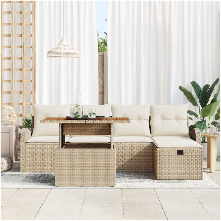 6-delad Trädgårdssoffgrupp med kuddar Beige Poly Rottning vidaXL 55 x 55 x 37 cm – bild 3