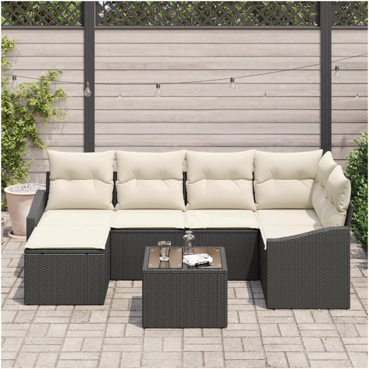 6-delad trädgårdssoffgrupp med kuddar brun poly rotting vidaXL 288.5 x 123.5 x 85 cm – bild 3