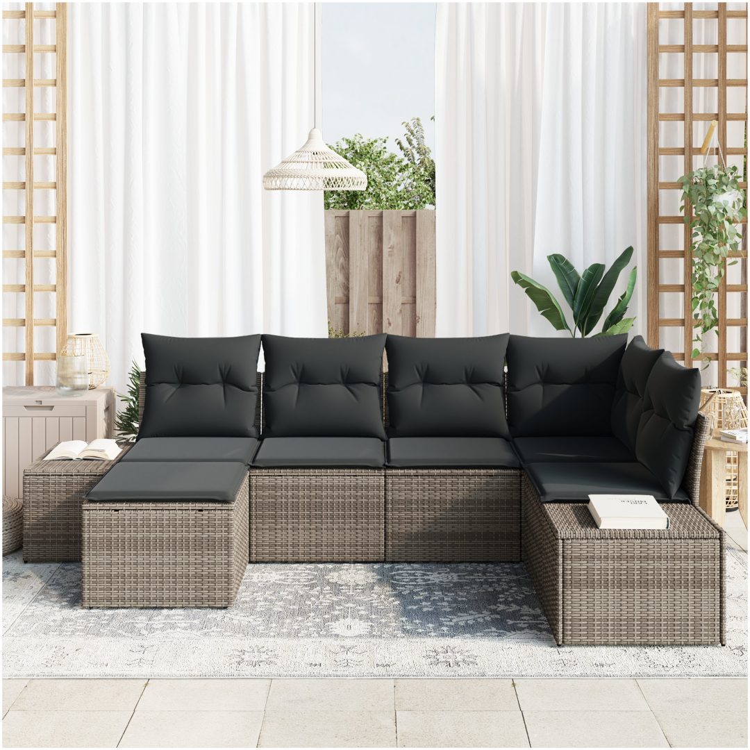 6-delad trädgårdssoffgrupp med kuddar Grå Poly Rattan vidaXL 264 x 154 x 85 cm – bild 3