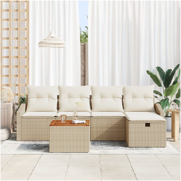 6-delad trädgårdssofgrupp med kuddar Beige Poly-rotting vidaXL 55 x 55 x 37 cm – bild 3