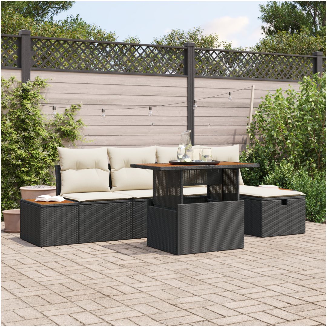 6-delad trädgårdsssofa set med kuddar Svart Poly Rattan vidaXL 55 x 55 x 37 cm