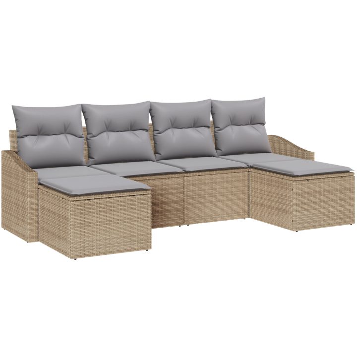 6-delad trädgårdsutrustning med kuddar beige poly rattan vidaXL Large – bild 2