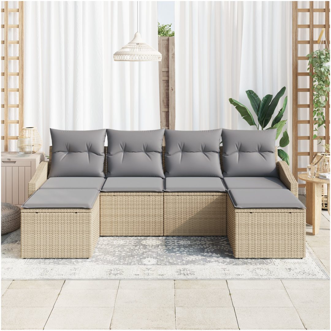 6-delad trädgårdsutrustning med kuddar beige poly rattan vidaXL Large – bild 3