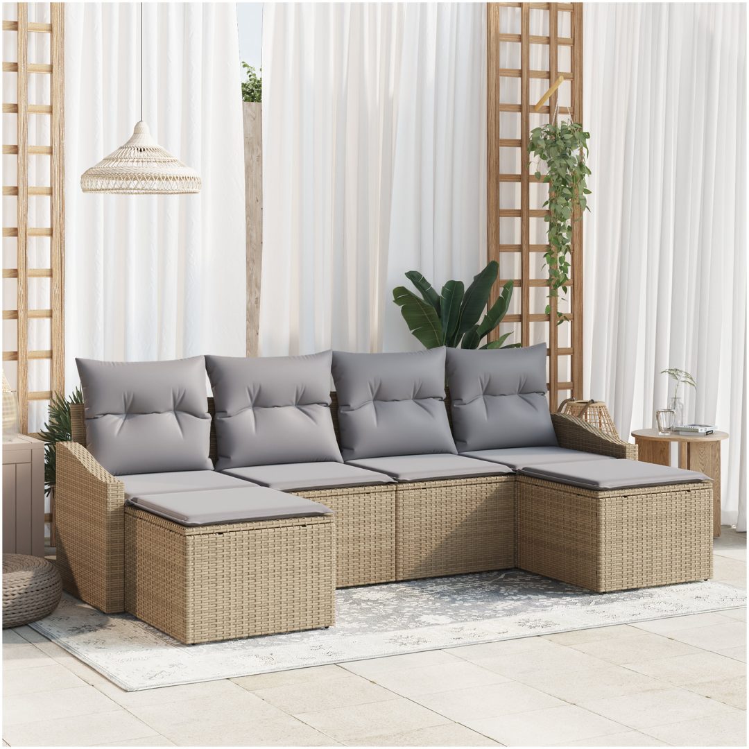 6-delad trädgårdsutrustning med kuddar beige poly rattan vidaXL Large