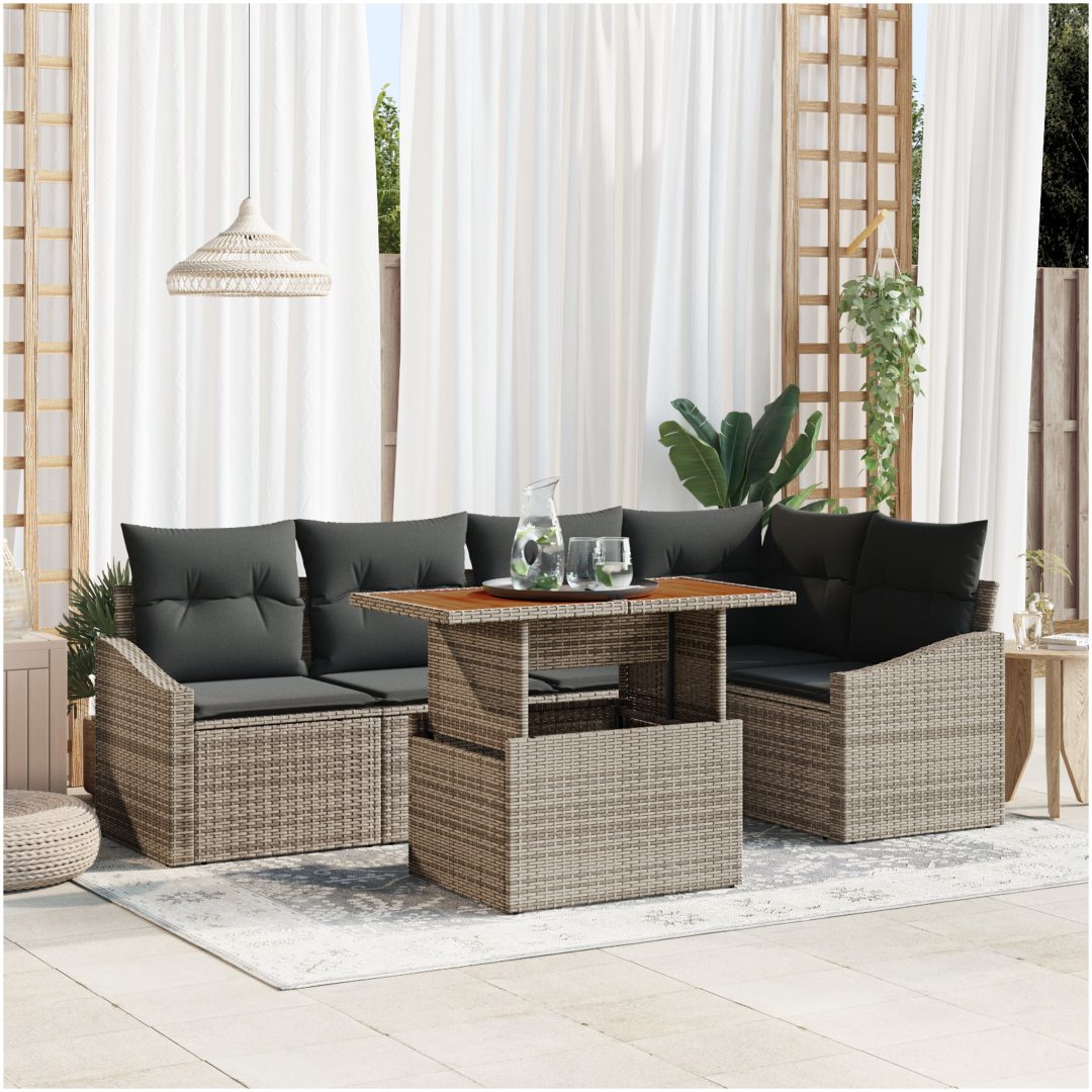 6-delad utemöbelset med kuddar - Grå poly rattan vidaXL 100 x 55 x 73 cm