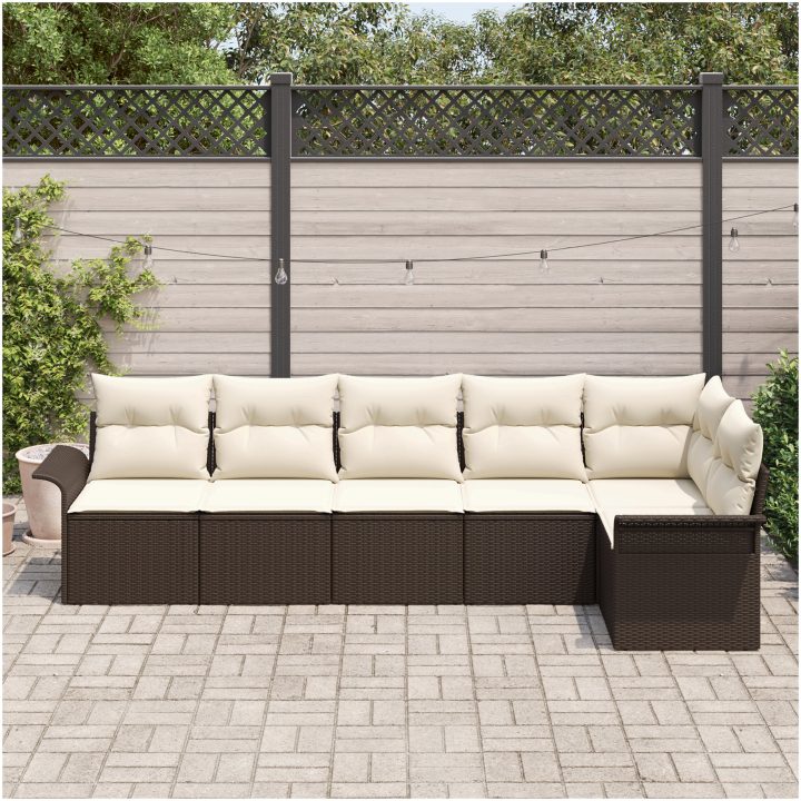 6-delad utemöbelsoffa med kuddar i brunt poly rattan vidaXL 297,5 x 132,5 x 85 cm – bild 3