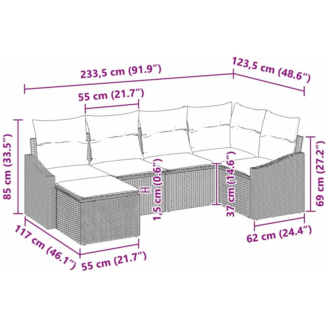 6-delade trädgårdsoffaset med kuddar Beige Polyrotting vidaXL 288.5 x 123.5 x 85 cm – bild 9