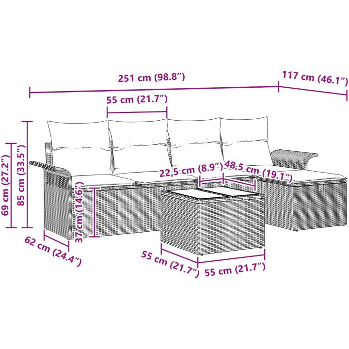 6-delade Trädgårdssoffset med kuddar Ljusgrå Poly Rattan vidaXL 251 x 117 x 85 cm – bild 10