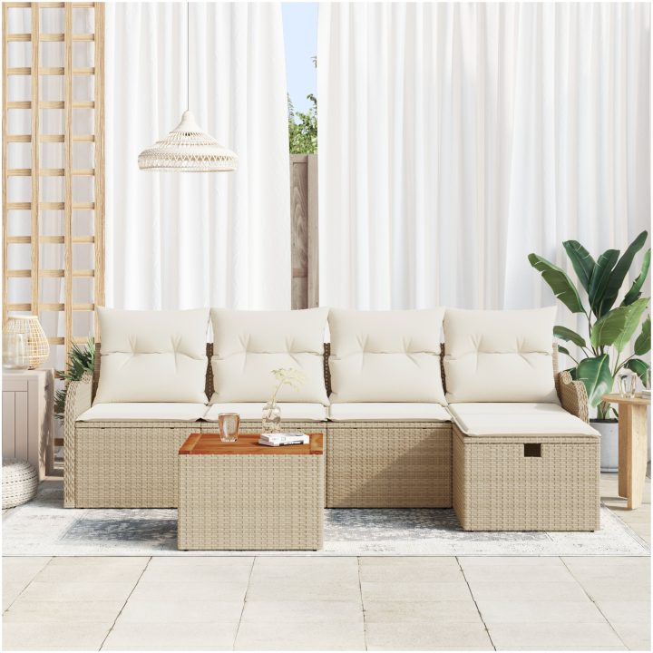 6 Delar Trädgårdsoff Set med Dynor Beige Polyrotting vidaXL Stor – bild 3