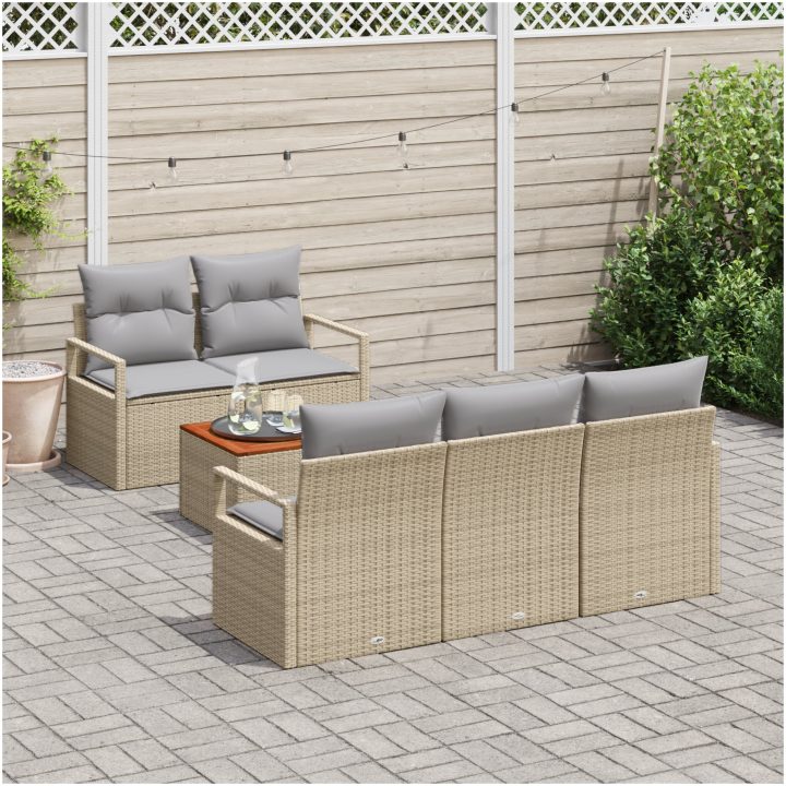 6 Delar Trädgårdsoff Set med Kuddar Beige Poly Rattan Akacia vidaXL Medium – bild 3