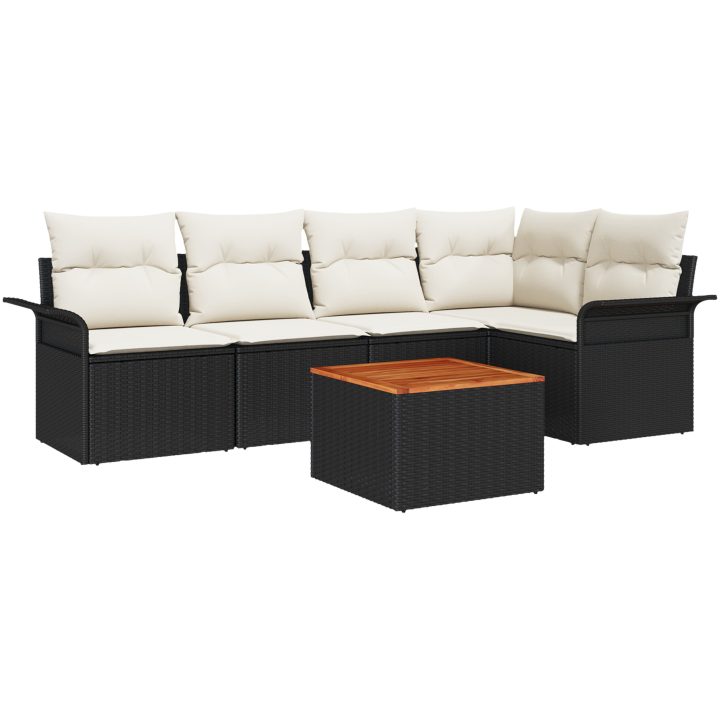 6 Delar Trädgårdsoff set med Kuddar Svart Poly Rattan Akacia vidaXL 55 x 55 x 37 cm – bild 2