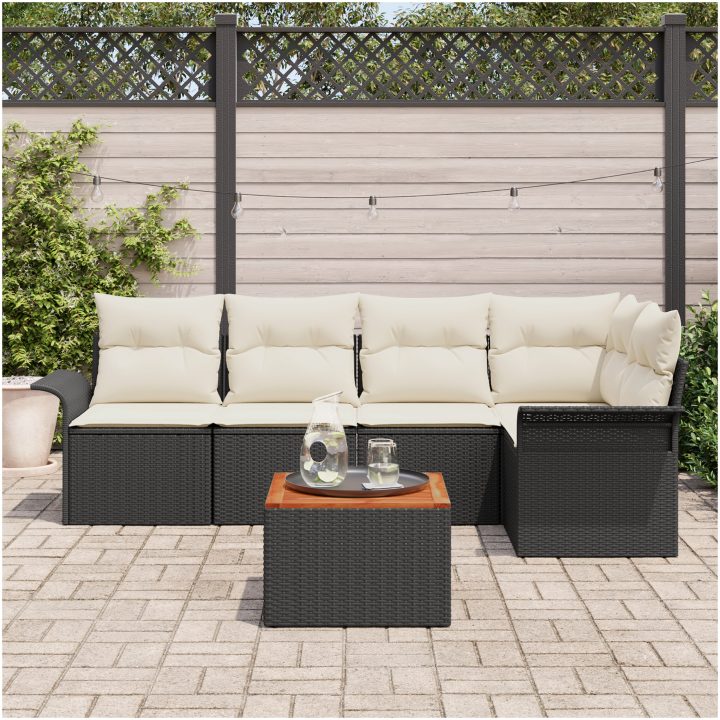 6 Delar Trädgårdsoff set med Kuddar Svart Poly Rattan Akacia vidaXL 55 x 55 x 37 cm – bild 3