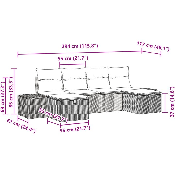 6-delar trädgårdsoffa med kuddar i grå Poly Rattan vidaXL 294 x 117 x 85 cm – bild 9