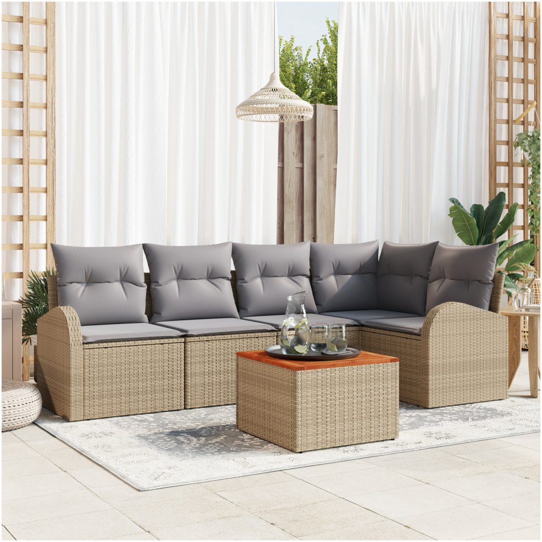 6-delar Trädgårdsoffa Set med Kuddar Beige Polyrotting Akacia vidaXL 55 x 55 x 37 cm