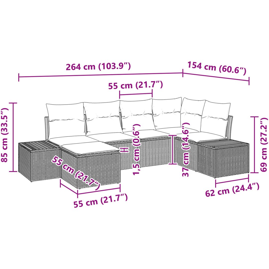 6 delar trädgårdsoffagrupp med kuddar ljusgrå poly rattan vidaXL 184 x 62 x 85 cm – bild 9