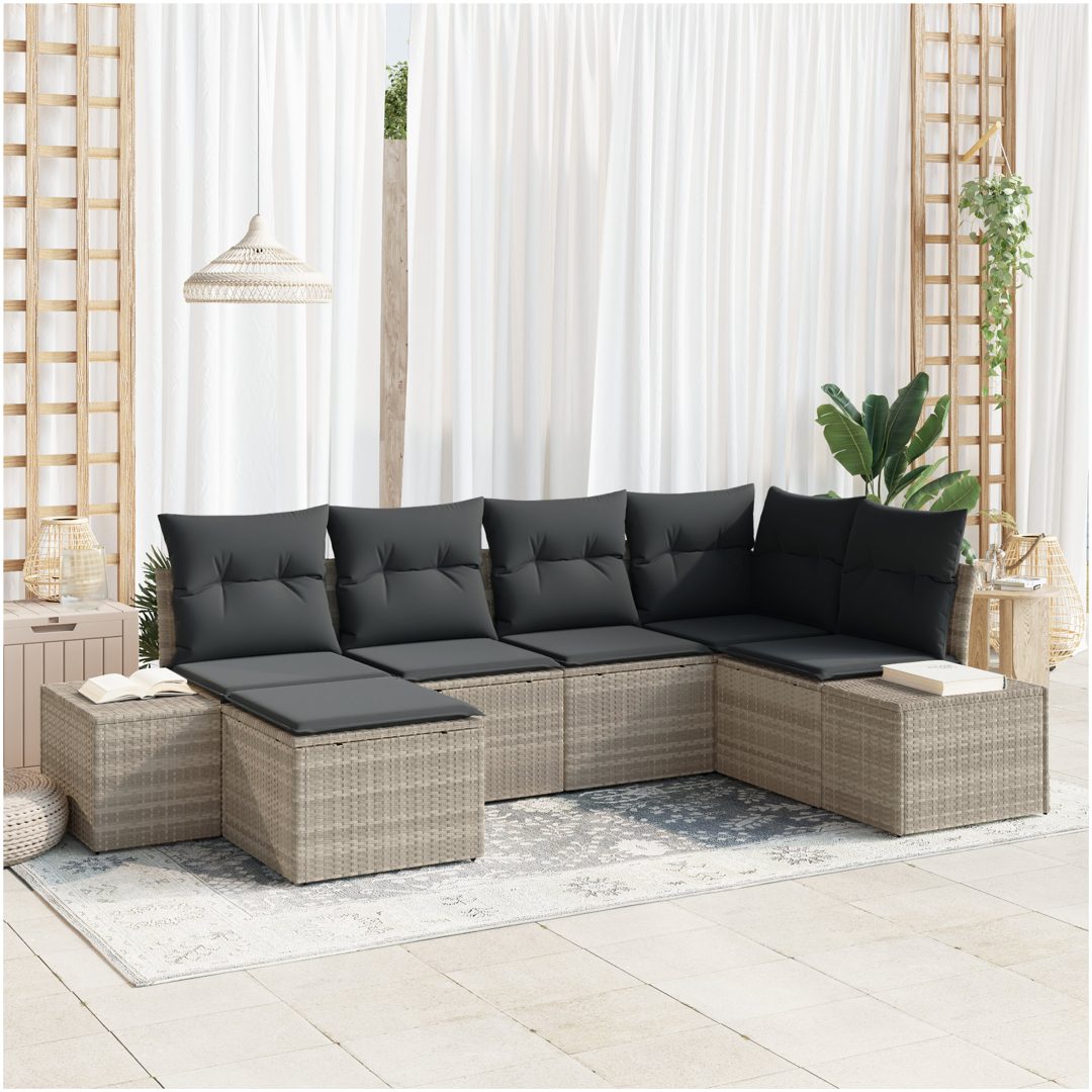 6 delar trädgårdsoffagrupp med kuddar ljusgrå poly rattan vidaXL 184 x 62 x 85 cm