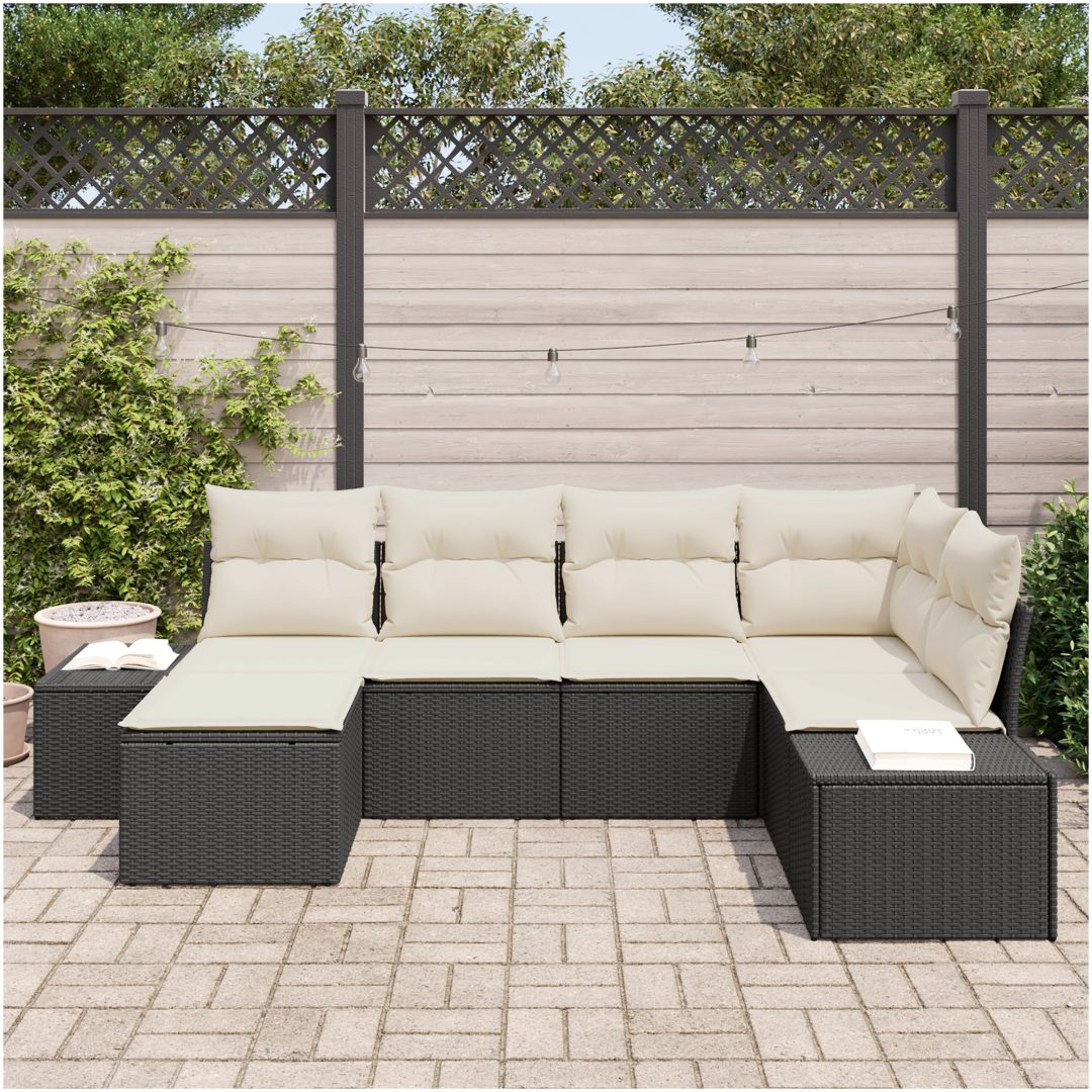 6 Delar Trädgårdsoffagrupp med Kuddar Svart Polyrotting vidaXL 184 x 62 x 85 cm – bild 3