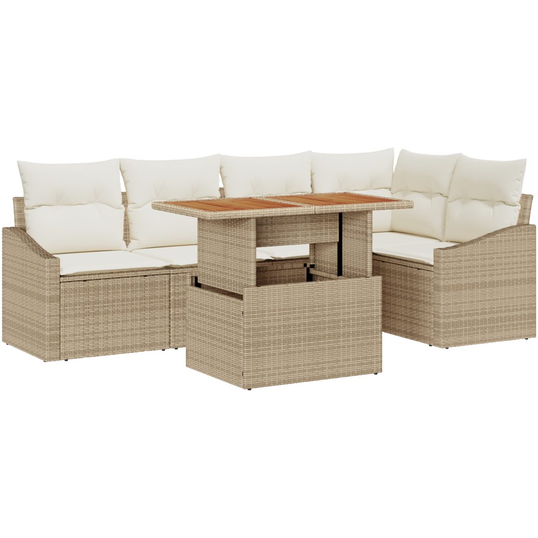 6 delar trädgårdsoffaset med kuddar, beige poly-rattan vidaXL 100 x 55 x 73 cm – bild 2