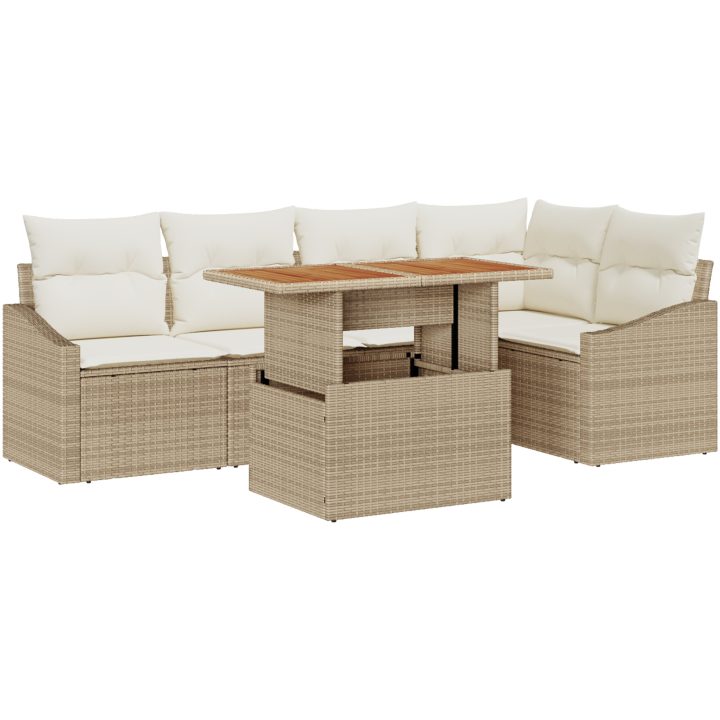 6 delar trädgårdsoffaset med kuddar, beige poly-rattan vidaXL 100 x 55 x 73 cm – bild 2
