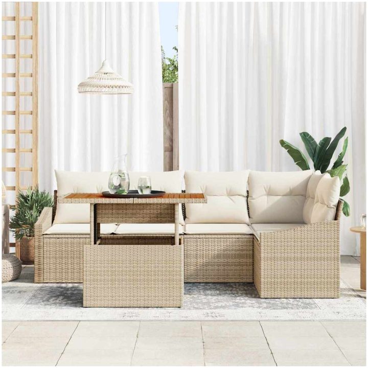 6 delar trädgårdsoffaset med kuddar, beige poly-rattan vidaXL 100 x 55 x 73 cm – bild 3