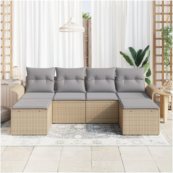 6 Delar Trädgårdsoffaset med Kuddar Beige Poly Rattan vidaXL Medium – bild 3