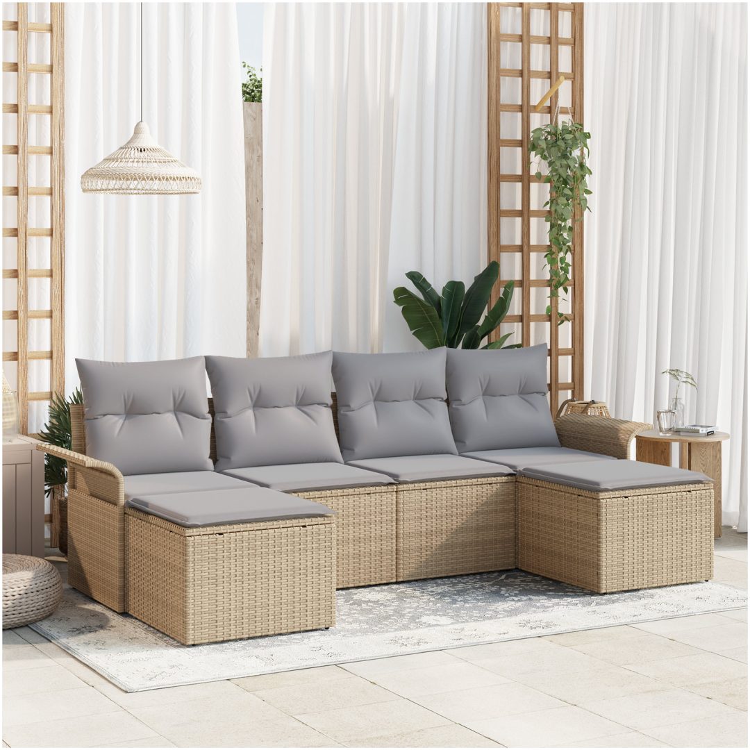 6 Delar Trädgårdsoffaset med Kuddar Beige Poly Rattan vidaXL Medium