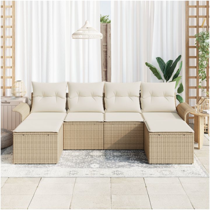 6-delar Trädgårdsoffaset med Kuddar Beige Poly Rattan vidaXL Stor – bild 3