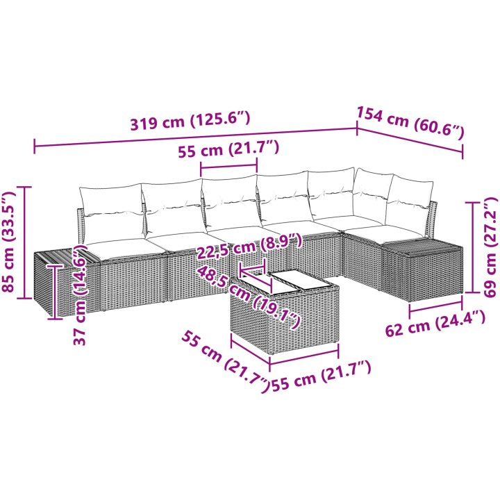 6 Delar Trädgårdsoffaset med Kuddar Grå Poly Rattan vidaXL 55 x 55 x 37 cm – bild 9