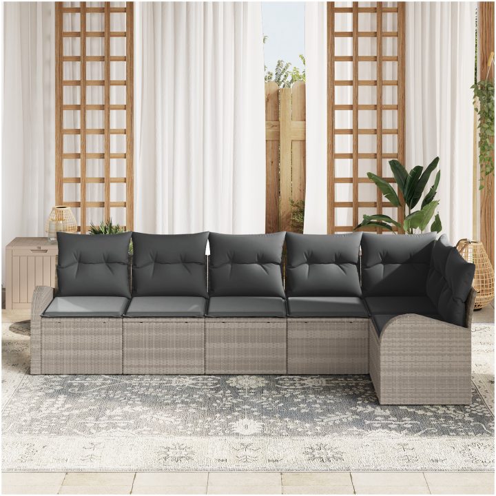 6 delar Trädgårdsoffaset med kuddar ljusgrå konstrotting vidaXL 289 x 124 x 85 cm – bild 3