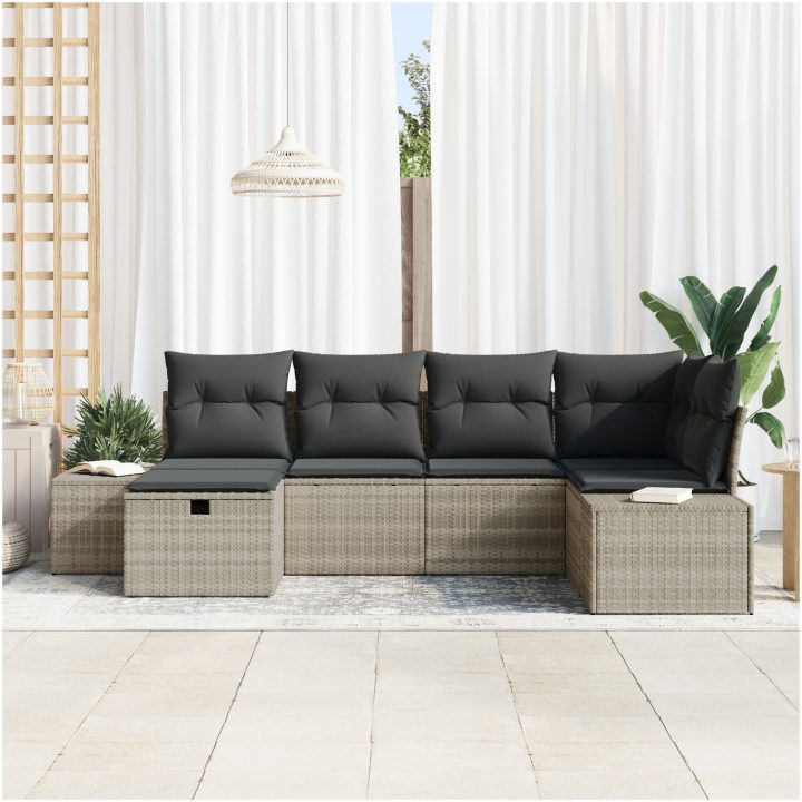 6 delar Trädgårdsoffaset med kuddar Ljusgrå Poly rotting vidaXL 55 x 62 x 69 cm – bild 3