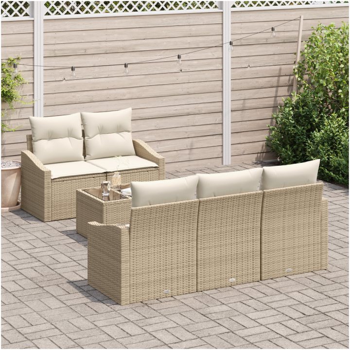 6 Delar Trädgårdsoffset med Kuddar Beige Poly Rottings vidaXL 55 x 55 x 37 cm – bild 3