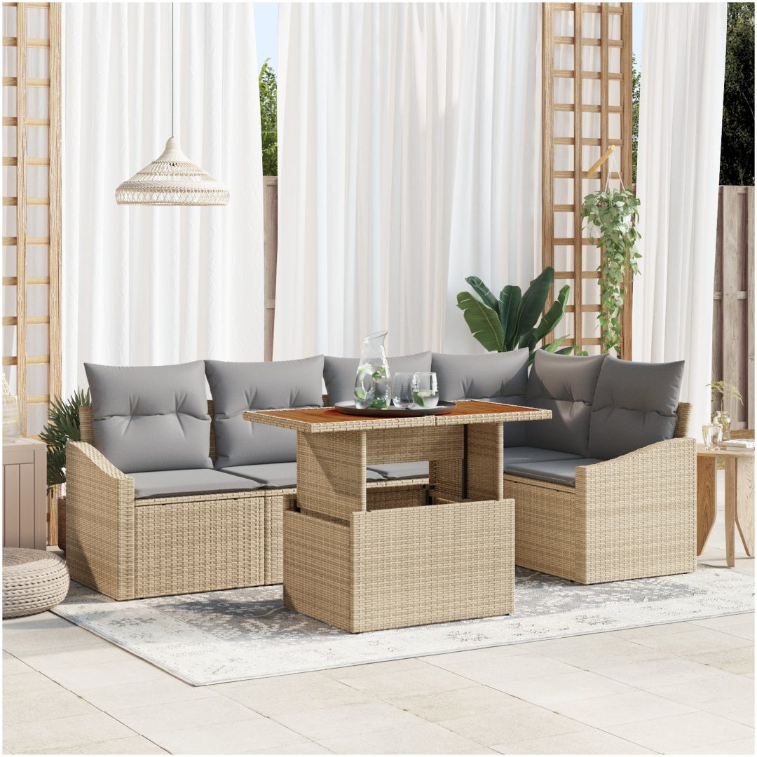 6 delar trädgårdsoffset med kuddar i beige poly rattan vidaXL 100 x 55 x 73 cm