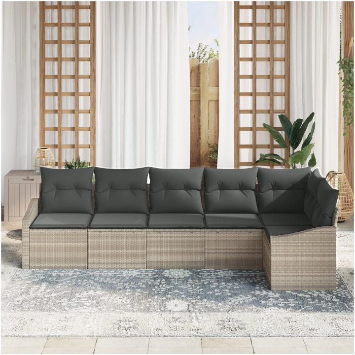 6 Delar Trädgårdsoffset med Kuddar Ljusgrå Poly Rattan vidaXL 288.5 x 123.5 x 85 cm – bild 3