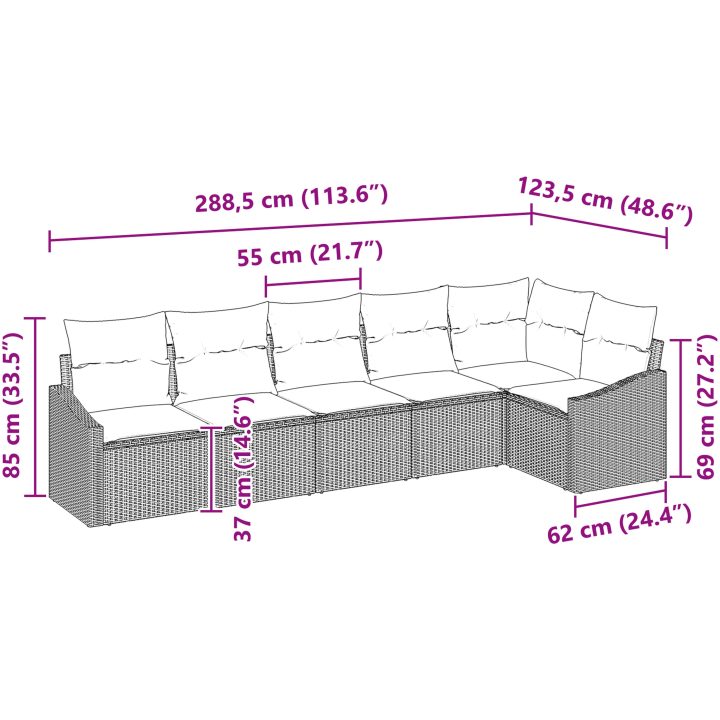 6 Delar Trädgårdsoffset med Kuddar Ljusgrå Poly Rattan vidaXL 288.5 x 123.5 x 85 cm – bild 8