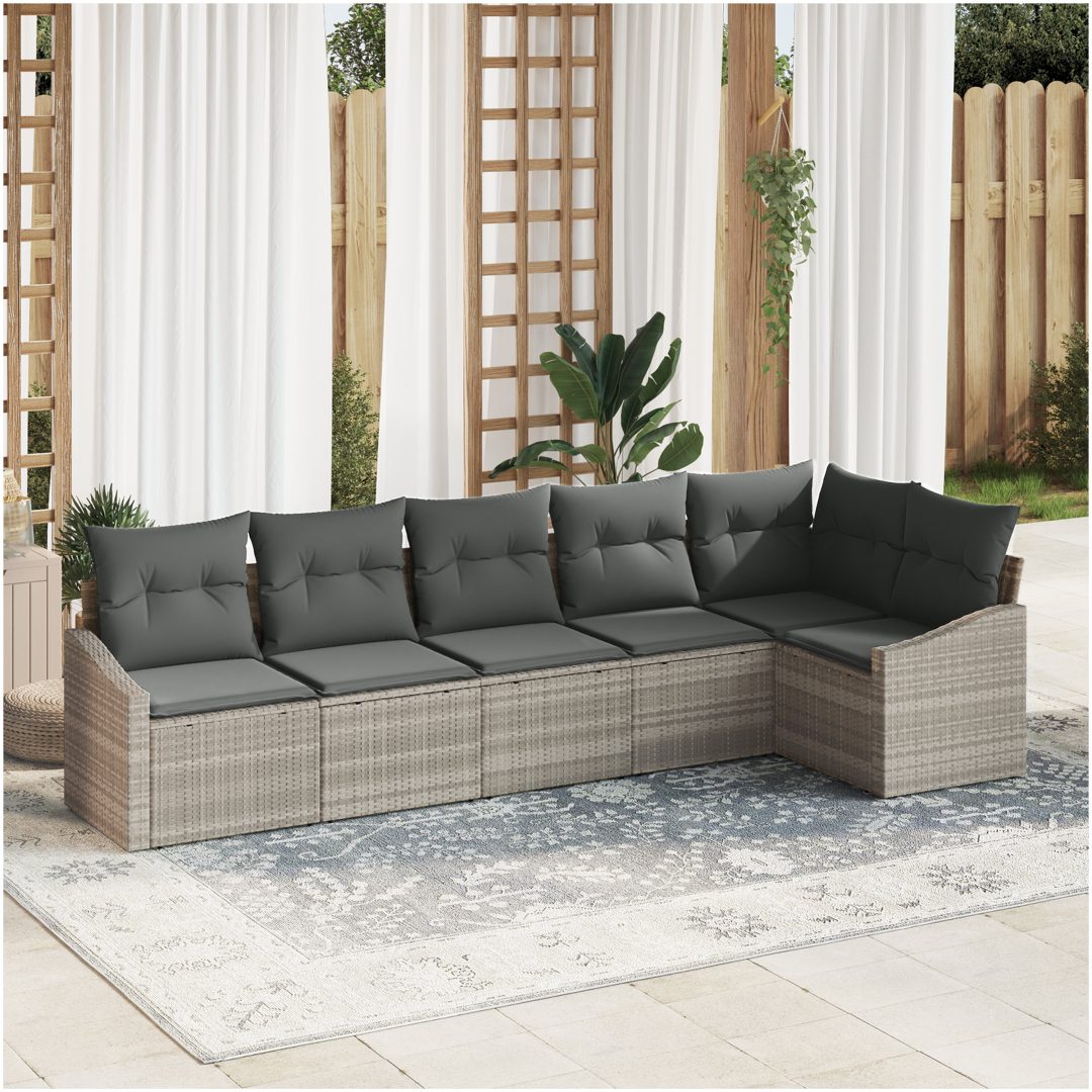 6 Delar Trädgårdsoffset med Kuddar Ljusgrå Poly Rattan vidaXL 288.5 x 123.5 x 85 cm