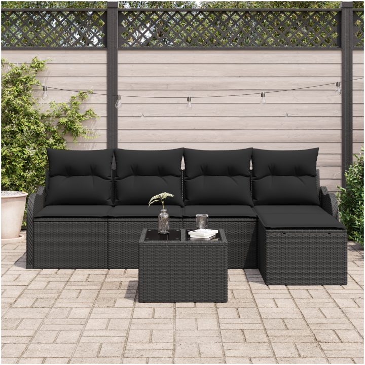 6 Delar Trädgårdssoffa Set med Kuddar Beige Poly Rattan vidaXL Medium – bild 3