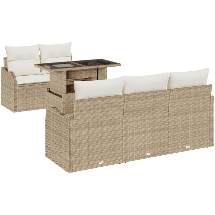 6 Delar Trädgårdssoffa Set med Kuddar Beige Poly Rottning vidaXL Medium – bild 2