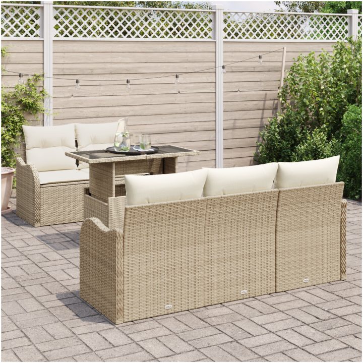 6 Delar Trädgårdssoffa Set med Kuddar Beige Poly Rottning vidaXL Medium – bild 3